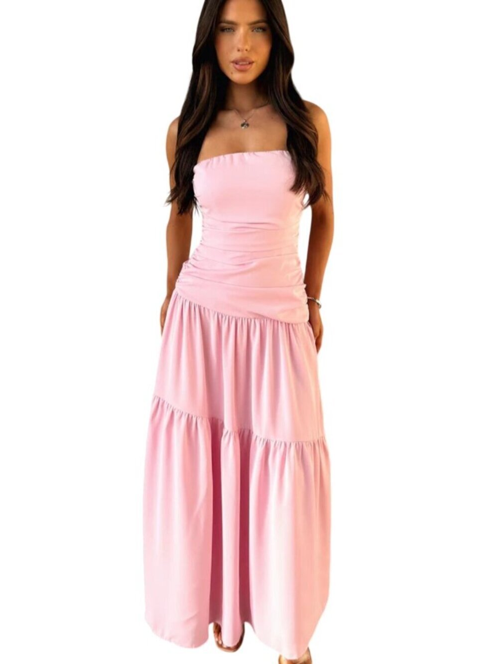 ThatsSoFetch NWT Charlotte Stapless Maxi Dress Pink Ruched Tiered Size 2